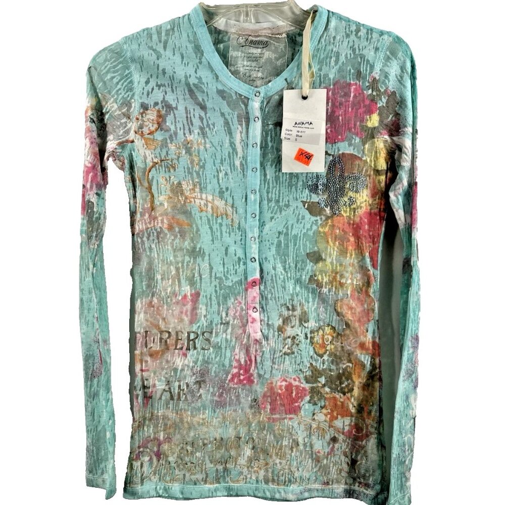 Anama Women Juniors Top Blue Turquoise Pink Orange Sheer Long Sleeve Size Small